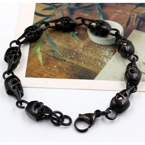 Mens stainless steel skull skeleton chain bracelet biker heavy jewelry birthday gifts for dad him boyfriend 24CM MenBracelet