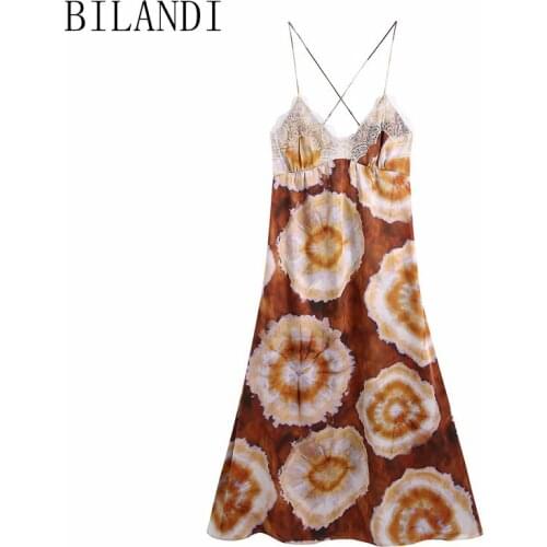 DOUJILI Women Dress 2021 Fashion Brown Tie Dyed Vintage Sleeveless Backless Thin Straps Female Dresses