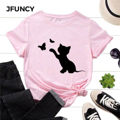 JFUNCY Women T-shirts Cat Print Plus Size Cotton Tops Oversized Woman Tshirts Female Tee Shirts Short Sleeve Lady Casual Clothes