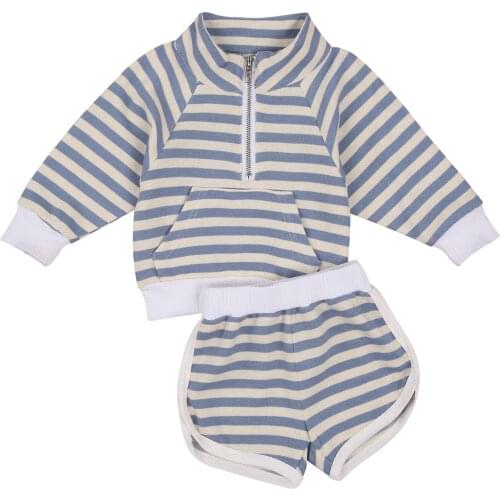 Kids Girls Boys Sportwear Striped Clothes Set Long Sleeve Zipper Round Collar Pocket Tops Elastic Waist Shorts Sports Fall Pants