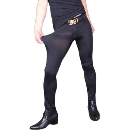Summer Ultra-Thin Ice Silk Pants Mid-Waist Casual Trouser Pencil Pants Men Thin Naked Wear Experience Translucent Tight Leggings