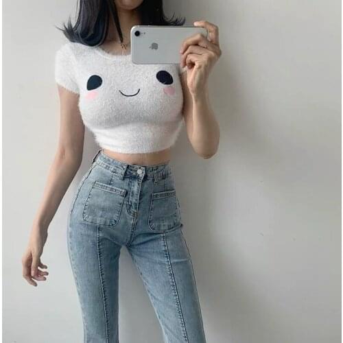 Cute Sweet Tops y2k Summer Short Sleeve Short Crop Top Round Neck Furry Kawaii Smiling Face White Tees Fashion Casual Clothes