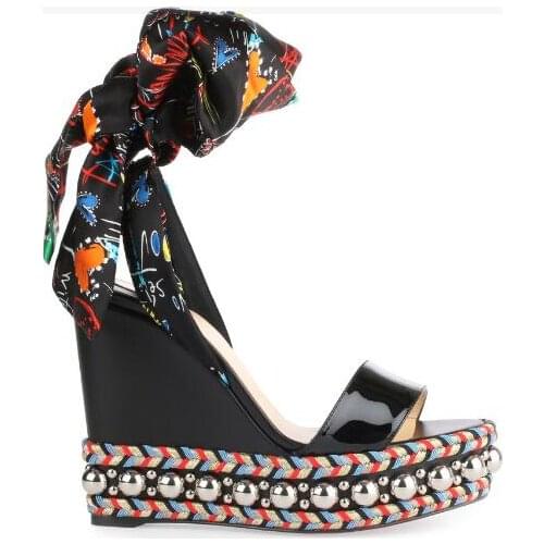 Fashion Open Toe Wedge Sandal Printed Lace-up Platform Shoes Rope Braided Gladiator Sandal Flower Ribbons Bandage for Woman