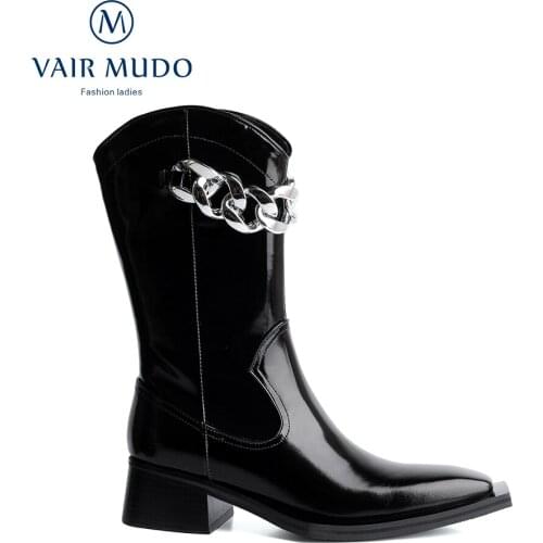 VAIR MUDO Motorcycle Boots Shoes High Heels Concise Metal Decoration White Black Square Toe High Quality Fashion Boots DX111L