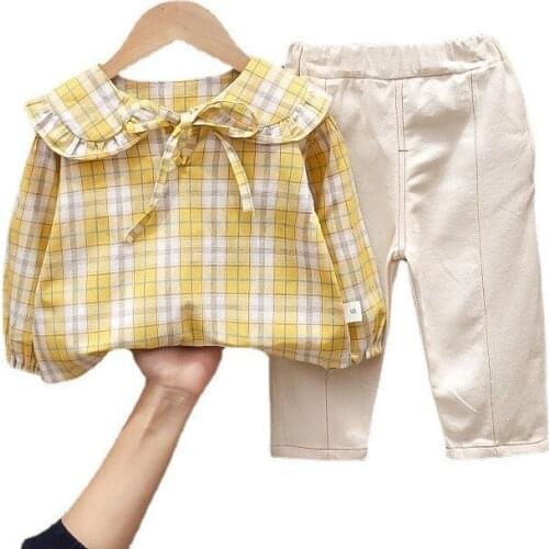 New Children Fashion Clothes Suit Spring Autumn Kids Girls Lattice Shirt Pants 2Pcs/sets Baby Toddler Clothing Infant Sportswear