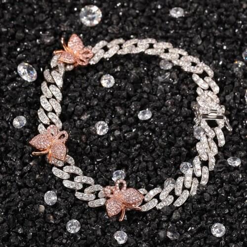 New Fashion Charm 9mm Cuban Bracelet with Butterflies Rose Gold Anklets Cz Punk Miami Link Bling Bling Hip Hop Jewelry for Gift