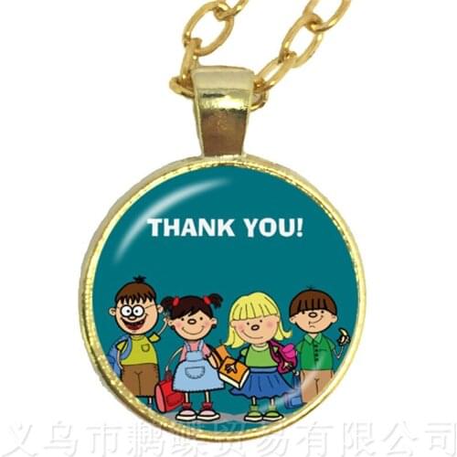 Classic Thank You Teacher Necklace Red Heart Pattern Glass Pendant Necklace Metal Merci Maitresse Women Kids Sweaterchain