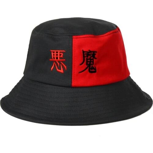New Unisex Demon Embroidery Bucket Hat Fisher Black White Patchwork Hip Hop Cap Summer Cotton Fisherman Hat Outdoor Sun Hats
