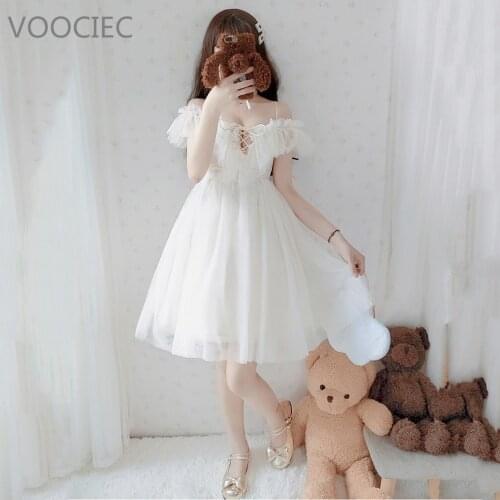 VOOCIEC Sexy sweet lolita dress thin women low chest Shoulder bandage victorian dress kawaii girl princess tea party loli cos