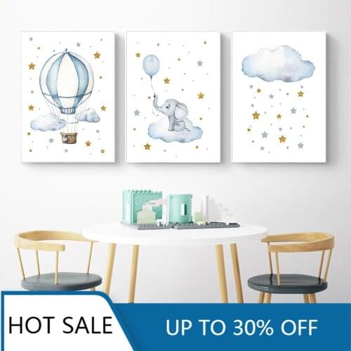 Christmas Canvas Painting Hot Air Balloon Elephant Star Cloud Nursery Nordic Poster Cartoon Wall Pictures Kids Room Home Decor