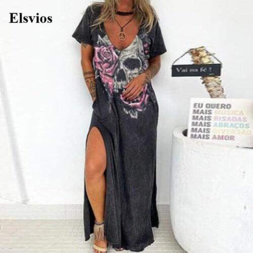 Women Summer Loose Split Party Dresses 2021 Casual Punk Rose Skull Print Long Dress Fashion Sexy V-Neck Short Sleeve Maxi Dress