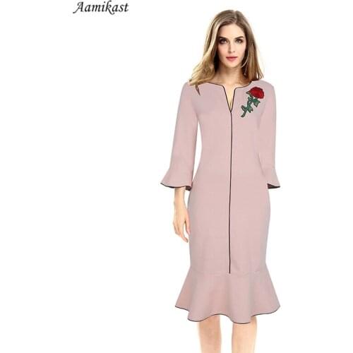 Women V-Neck Three Quarter Sleeve Ruffles Midi Dress Spring Autumn Career Female Elegant Bodycon Pencil Dress Party Dress robe