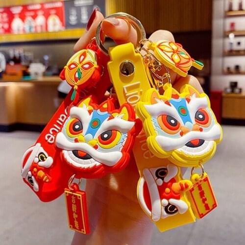 2021 New Year Cartoon Dance Lion Keychain PVC Car Keyring Backpack Pendant Lovely Lion Accessories Keychain Pendant Gift