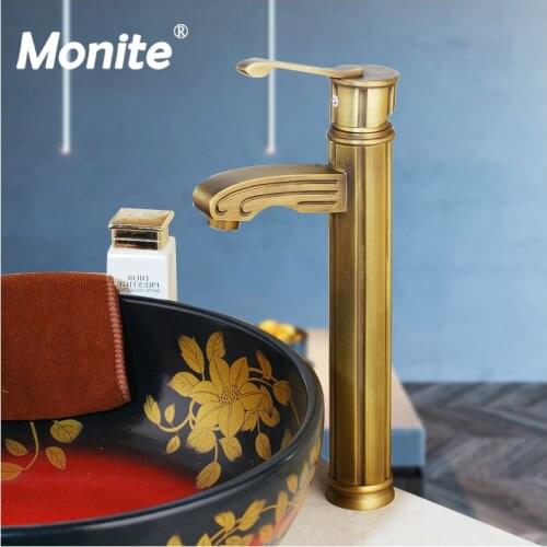 Monite Antique Brass Bathroom Tap Wash Basin Faucet Counter Top Stream Spout Water Mixer Faucet Antique Solid Brass Tap Faucet