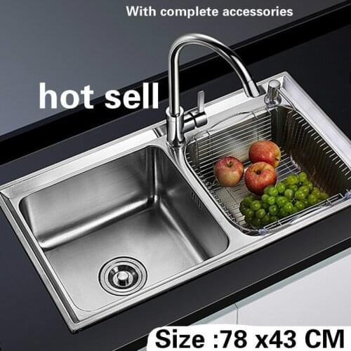 Free shipping Food grade 304 stainless steel hot sell kitchen sink double trough 0.8 mm thick ordinary 78x43 CM