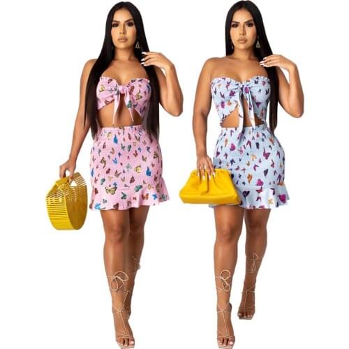 BKLD Butterfly Print Strapless Crop Top And Ruffles Mini Skirt Two Piece Sets Matching Sets Summer Sexy Party Night Club Outfits
