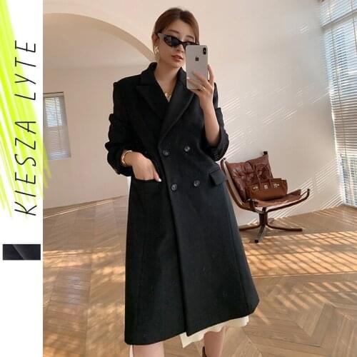 Black Lapel Woolen Coat for Women Korean Style Solid Black Loose Cashmere Coat 2020 New Autumn Winter Fashion Office Lady Outfit