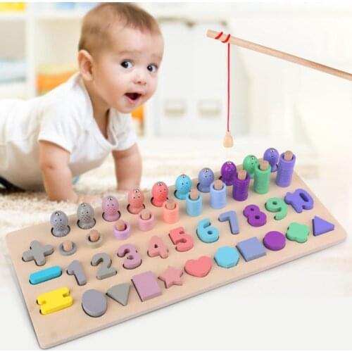 Wooden Montessori Toys Count Numbers Matching Geometric Shape Cognition Puzzle Magnetic Fishing Game Education Toys For Children