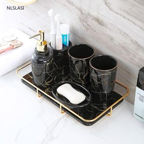 European Style Marble Ceramic Toiletries Home Hotel Bathroom Set Cup Toothbrush Holder Lotion Bottle Tray Bathroom Decoration
