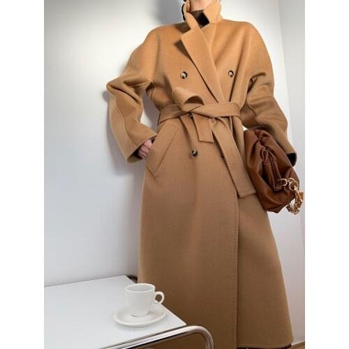 Double-breasted water ripple double-sided cashmere coat womens windbreaker mid-length 2021 new thick