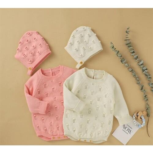 Baby Girls Autumn Winter Outfit Solid Color Knitted Hollow Plush Ball Decoration Long Sleeve Romper + Cap 2 Piece Set for 0-24M