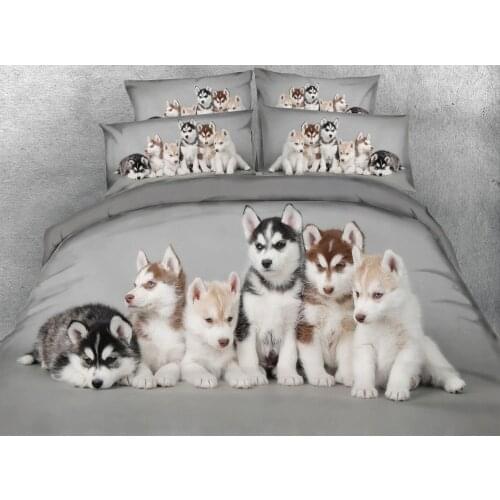 3pcs lovely grey fabric with white puppies print duvet cover set Husky dogs bedding for kids teens adults quilt covers