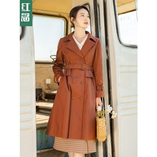 Red reading windbreaker womens middle and long small womens wear spring 2021 new fashion temperament slim British coat