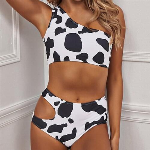 Summer Ladies Split Swimwear Set Adults Women Creative Cow Printing Sexy Sloping Shoulder High Waist Hollow Bikini Swimsuit