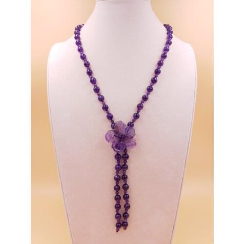 Lii Ji Real Gemstone Amethyst Necklace Flowers Tassels Necklace 30inches Women Jewelry Gift