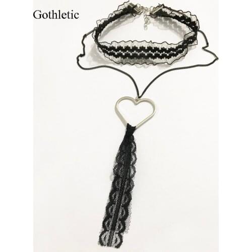 Gothletic Brand Black Lace Multilayer Choker Open Heart Charm Necklace for Women Fashion Jewelry