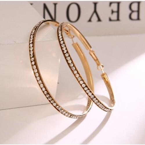 Trendy Gold Color Big Circles Hoop Earrings For Women Vintage Round Metal Rhinestone Earring Statement Jewelry Accessories