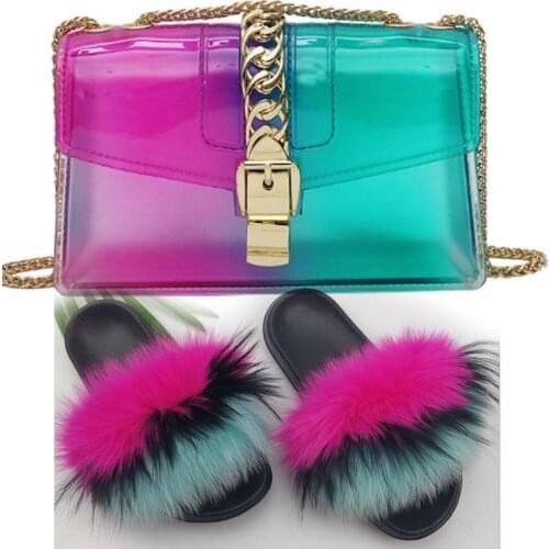 Mudibear Fur Slides Bags Set Fashion Woman Fox Slippers Purse Multicolor Open Toe EVA Furry Purses Slides Wholesale Footwears