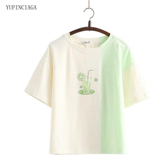 2021 New Women Harajuku T Shirt Sweet Style Kiwi Fruit Juice Printing Patchwork Short Sleeve T-shirts Basic Tops Tees 2115514