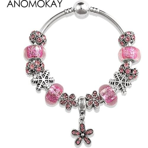 Original Design Pink Crystal Flower Plant Charm Bracelet Bangle European American Fashion Diy Bead Bangle Silver Plated Jewelry