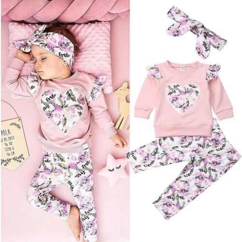 Citgeett Autumn Kid Baby Girl Long Sleeve Floral Heart Tops+Leggings Pants+Headband Clothes Spring Set