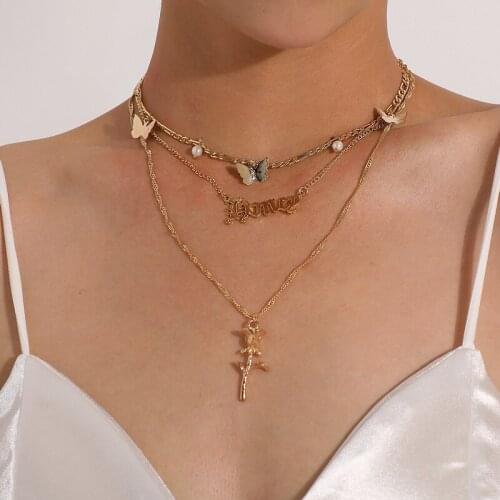 New Trendy Butterfly Pearl Letters Rose Flower Pendant Necklaces Women Vintage Multilayer Geometric Clavicle Necklace Jewelry