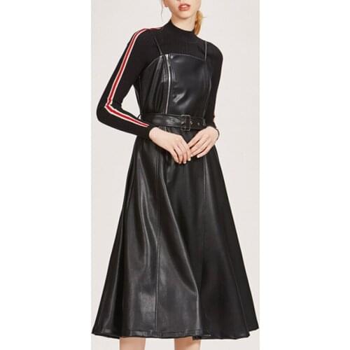 Spring Autumn New Leather Dress Korean Fashion Slim Artificial Leather Braces Fashion A-line Dresses PU Solid Long Wild Dress