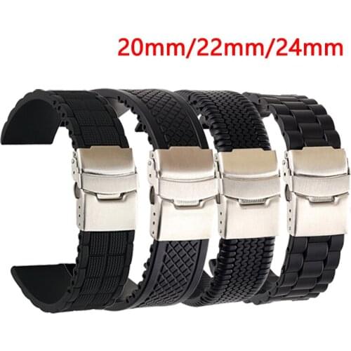 20mm 22mm 24mm Silicone Strap Folding Buckle Black Tire pattern Generic Watchband Waterproof Sport Strap for Men Women Newest