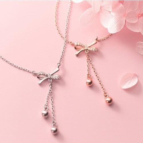 925 Sterling Silver Micro Cubic Zircon Bowknot Tassel Necklace for Women Bead Clavicle Chain Necklace Jewelry Gifts S-N689