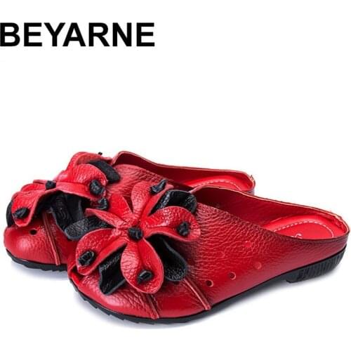 BEYARNE 2018 Woman Genuine Leather Shoes For Woman Slippers Slip-On Outdoor Slippers Women Shoes Flat with Sandals Floral