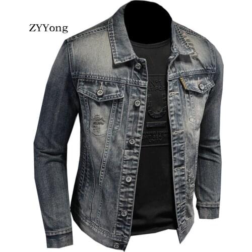 Spring Bomber Grey Ripped Denim Jacket For Men Tattered Jean Coats Hole Motorcycle Turndown Collar Slim Casual Outwear Clothing