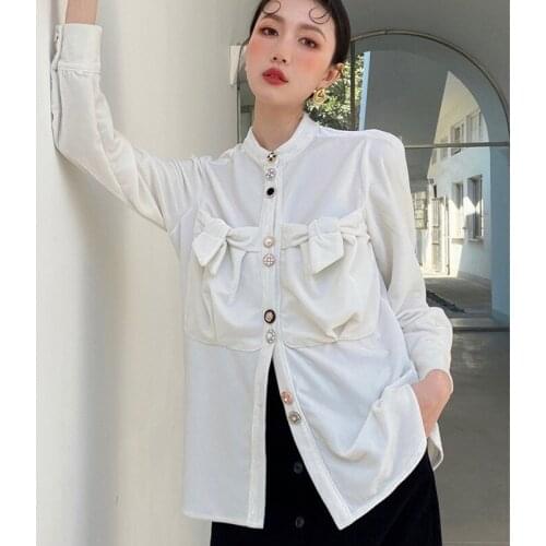 Ladies Fashion Designer temperament White Shirt Loose Bottoming Shirt Velvet Retro Pearl Button Long-Sleeved Shirt Women