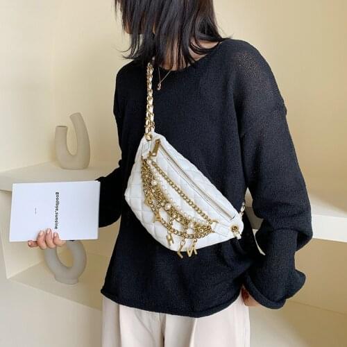Women Waist Bag 2021 New Fashion Chest Bag Plaid Chain Ladies Shoulder Crossbody Bag Pearl Metal Pu Leather Letter Belt Bag Pack