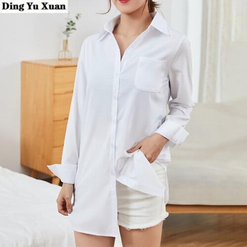 Womens Oversize Long Shirt White Blue Chiffon Blouse Women Streetwear Plus Size Full Sleeve Shirts Pocket Loose Tops Blouses