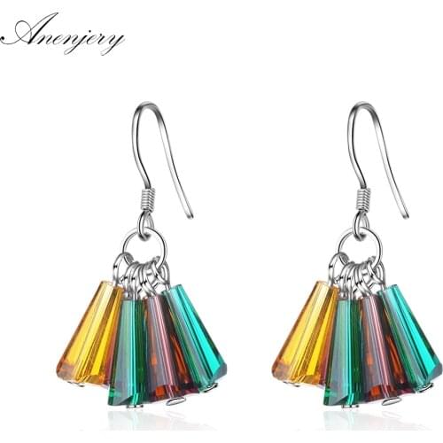 ANENJERY 925 Sterling Silver Fan-shaped Earrings Colorful Artificial Crystal RainbowTassel Earrings For Women S-E660