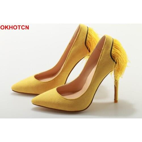 OKHOTCN Sweet Candy Color Flock Women Pumps Thin High Heels Back Tassel Party Wedding Shoes Woman Yellow Green Red Bride Shoes