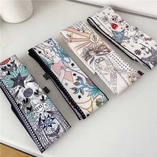Fashion New Tarot Brand Double-sided Color Printing Long Twill Satin Small Silk Scarf Women Scarf Hair Tie Bag