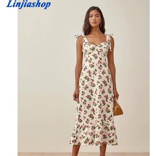 Vintage Cherry Print Adjust Spaghetti Straps Dresses France Chiffon Vestido Fashion Ruffles Women Tank Dress