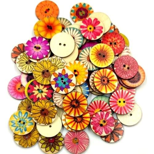 100pcs round two-hole button clothes hand-sewn printed daisy wood buttons diy clothing decoration accessories