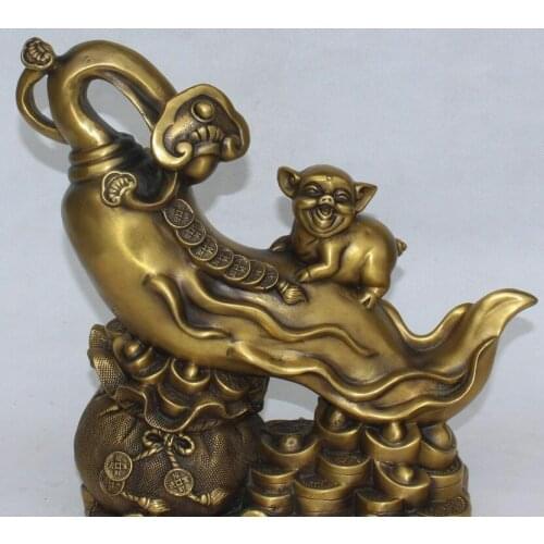 13" China Folk Bronze Wealth Yuan Bao Money Bag Ru Yi Pig ginseng Panax Statue